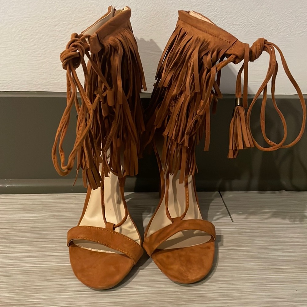 Tan Fringe Heels